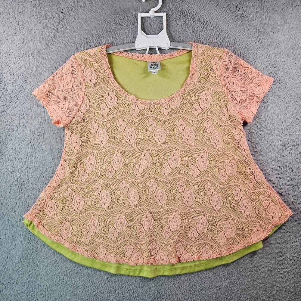 Ivy Jane Top Blouse Women Large Lace Overlay Lined Short Sleeve Light Pink Green
